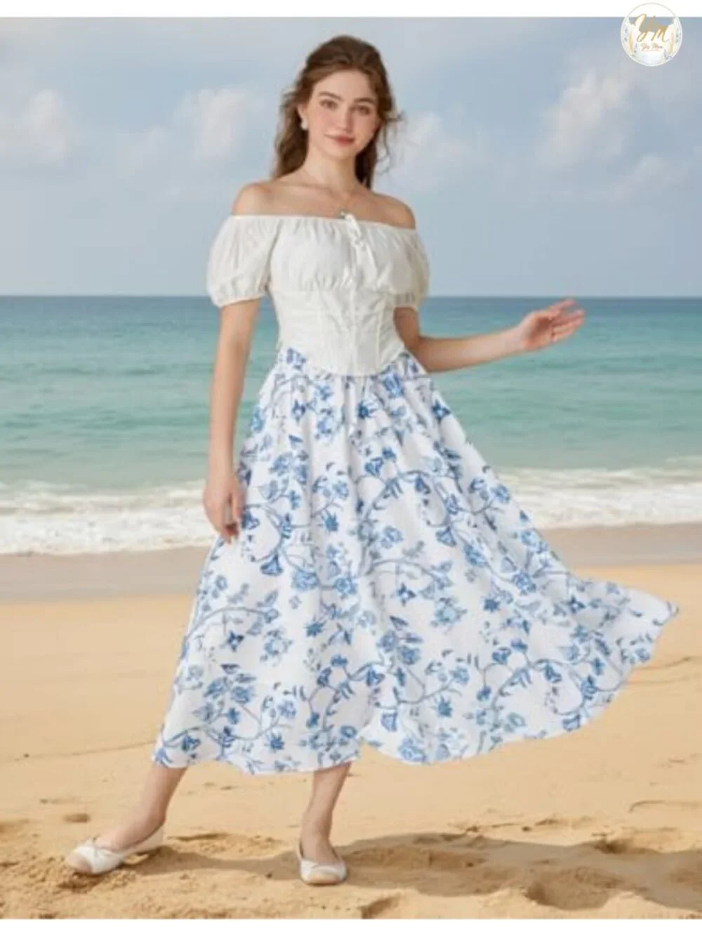 Women's Floral Maxi Skirt A-Line High Waist Elastic Drawstring Open Side